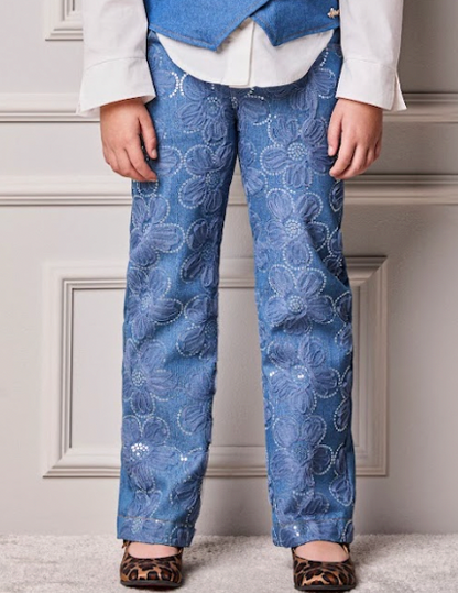 Conjunto Infantil Jaqueta e Calça Jeans Bordada Tule Flores - Animê