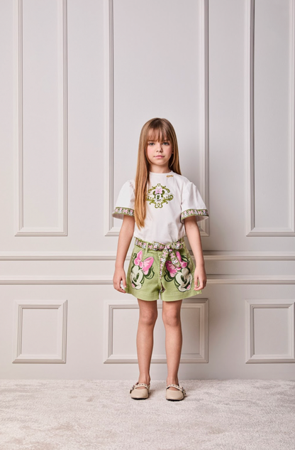 Conjunto Infantil Blusa Minnie Faixa Estilizada e Shorts Minnie Mouse Verde Forest - Animê