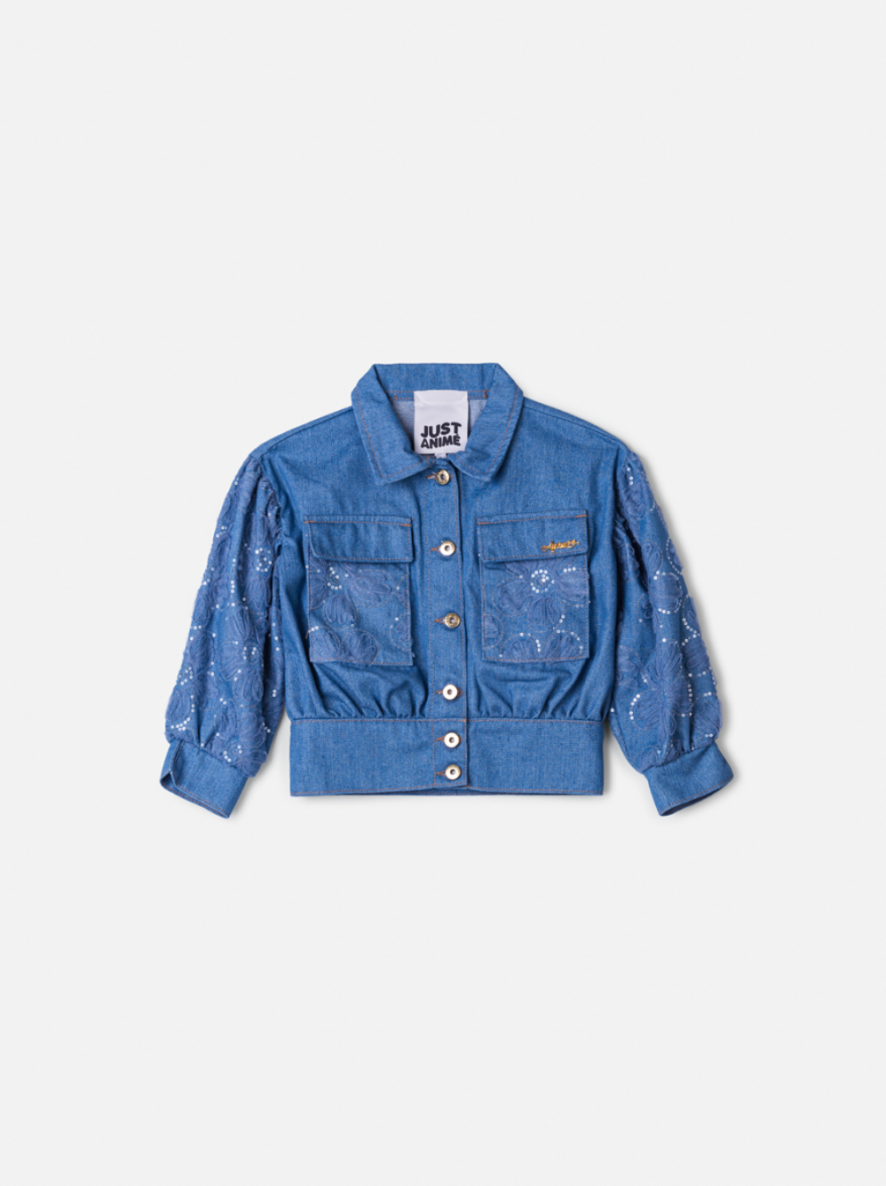 Conjunto Infantil Jaqueta e Calça Jeans Bordada Tule Flores - Animê