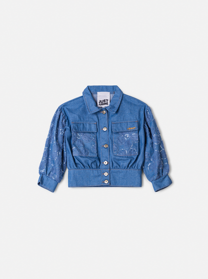 Conjunto Infantil Jaqueta e Calça Jeans Bordada Tule Flores - Animê