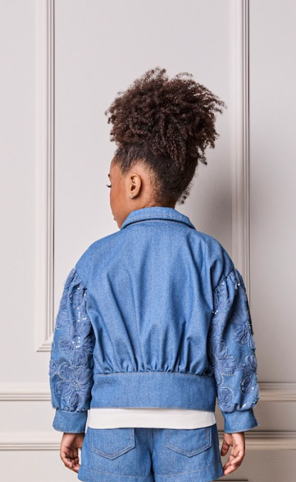 Conjunto Infantil Jaqueta e Calça Jeans Bordada Tule Flores - Animê