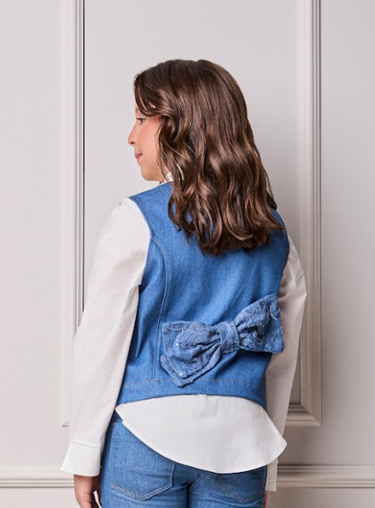 Conjunto Infantil Colete e Calça Jeans Bordada Tule Flores - Animê