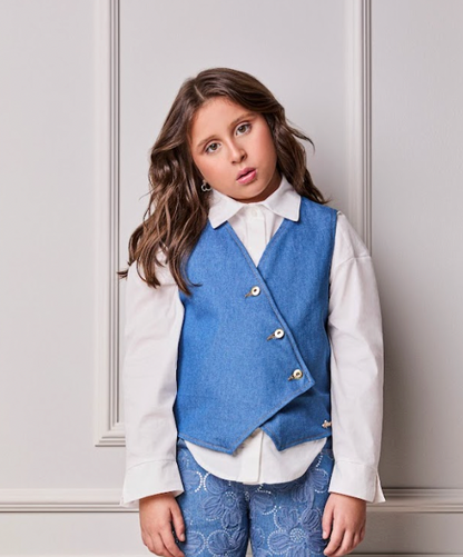 Conjunto Infantil Colete e Calça Jeans Bordada Tule Flores - Animê