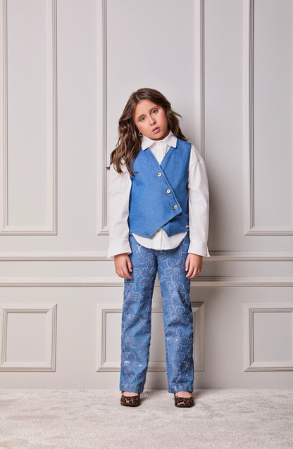 Conjunto Infantil Colete e Calça Jeans Bordada Tule Flores - Animê