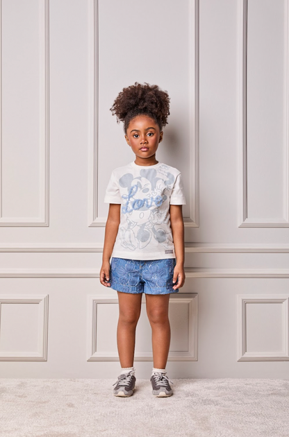 Conjunto Infantil Blusa Minnie Love e Shorts Jeans Bordada Tule Flores - Animê
