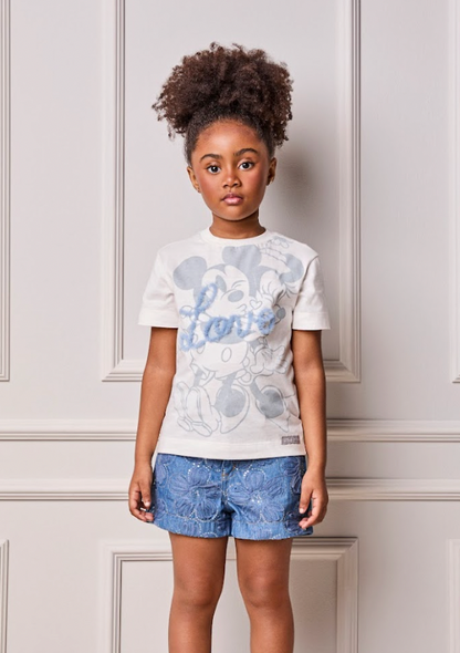 Conjunto Infantil Blusa Minnie Love e Shorts Jeans Bordada Tule Flores - Animê