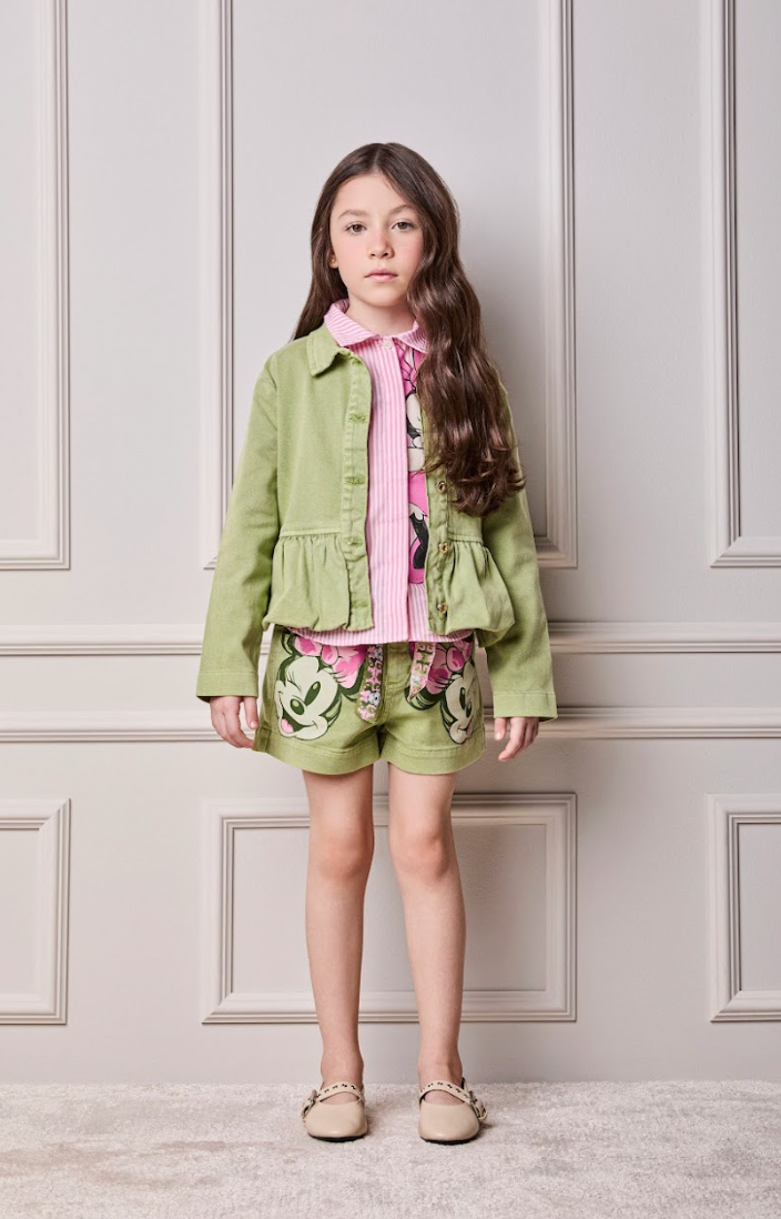 Conjunto Infantil Camisa Listrada Disney Punhos Conceito e Shorts Minnie Mouse Verde Forest - Animê