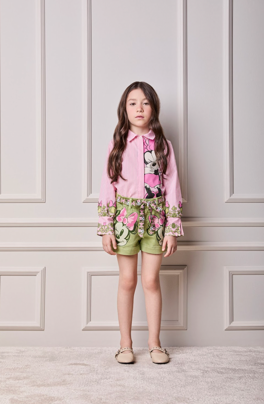 Conjunto Infantil Camisa Listrada Disney Punhos Conceito e Shorts Minnie Mouse Verde Forest - Animê
