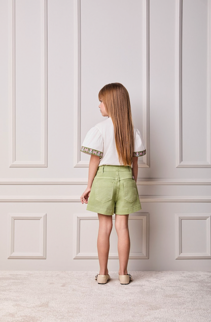 Conjunto Infantil Blusa Minnie Faixa Estilizada e Shorts Minnie Mouse Verde Forest - Animê