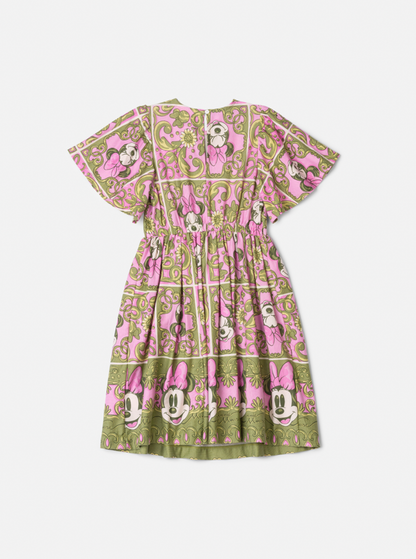 Vestido Infantil Algodão Maxi Minnie Barrado Rosa e Verde Forest - Animê