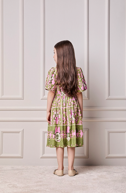 Vestido Infantil Algodão Maxi Minnie Barrado Rosa e Verde Forest - Animê