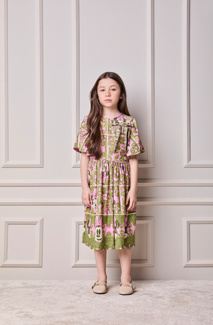 Vestido Infantil Algodão Maxi Minnie Barrado Rosa e Verde Forest - Animê