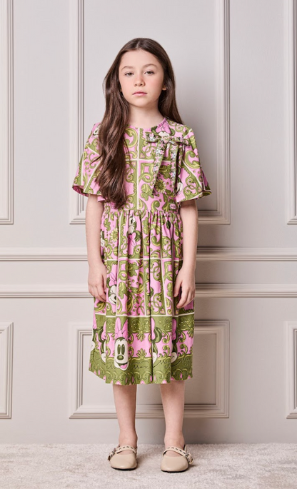 Vestido Infantil Algodão Maxi Minnie Barrado Rosa e Verde Forest - Animê