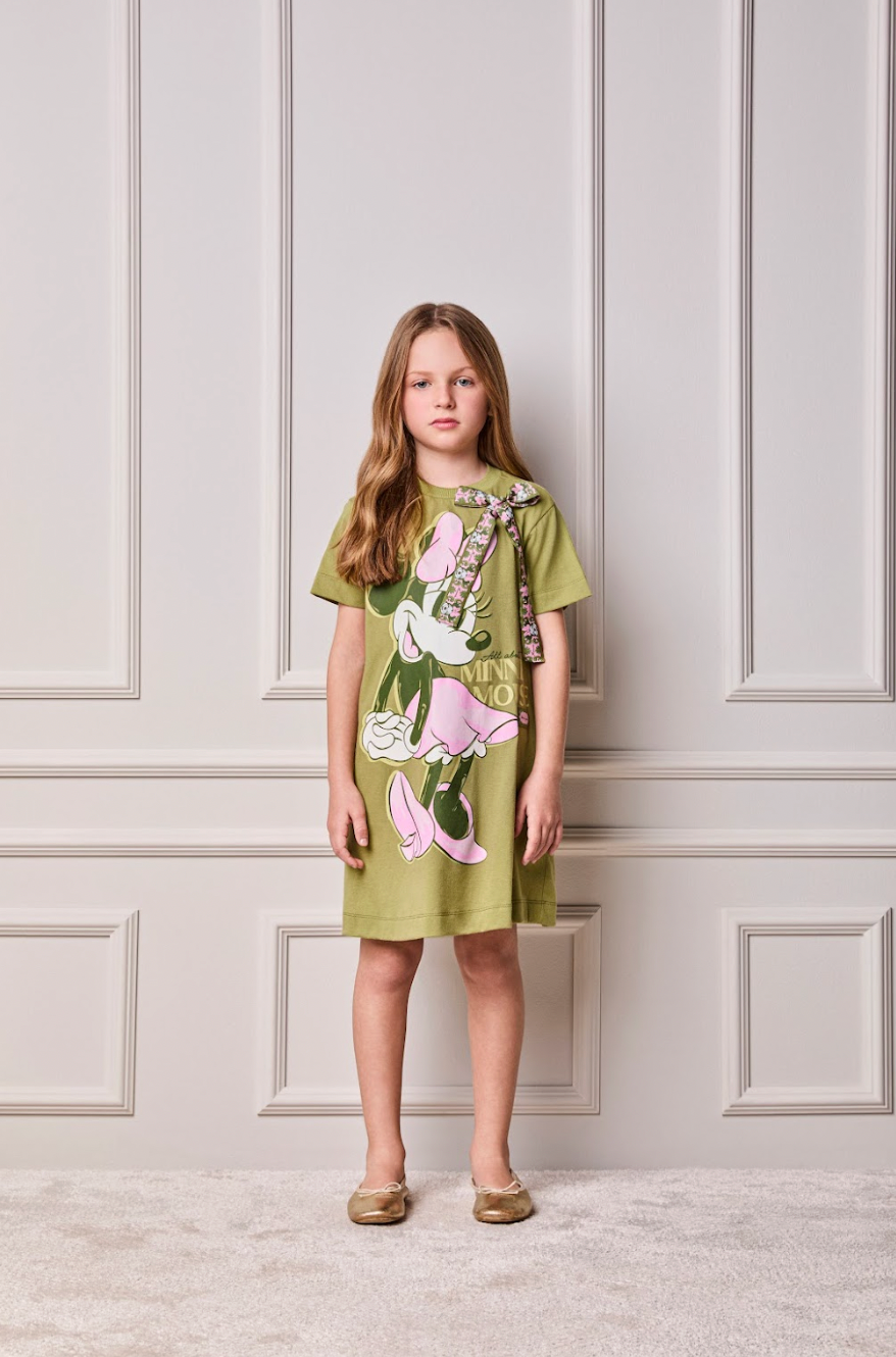 Vestido Infantil Trapézio Laço Faixa Estilizada Minnie Verde Forest - Animê