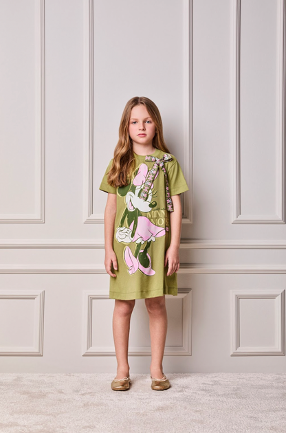 Vestido Infantil Trapézio Laço Faixa Estilizada Minnie Verde Forest - Animê