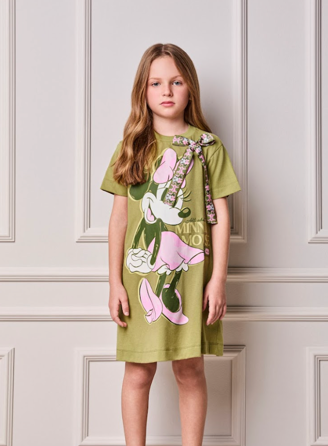 Vestido Infantil Trapézio Laço Faixa Estilizada Minnie Verde Forest - Animê