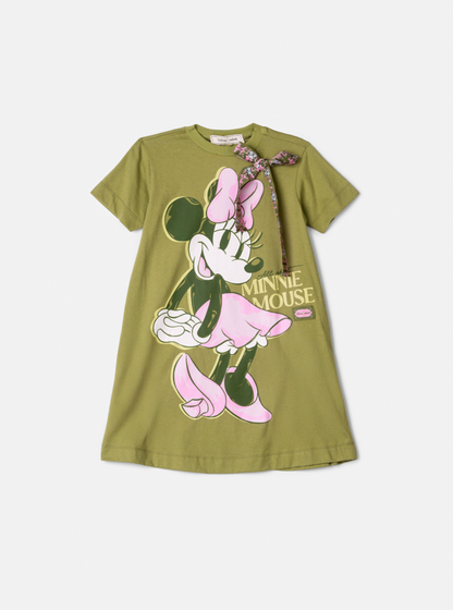Vestido Infantil Trapézio Laço Faixa Estilizada Minnie Verde Forest - Animê