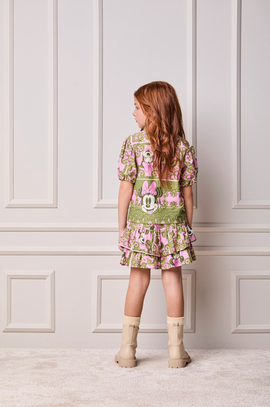 Conjunto Infantil Blusa e Shorts Maxi Minnie Barrado Rosa e Verde Forest - Animê PRÉ-VENDA