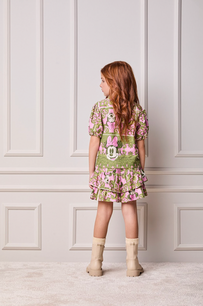 Conjunto Infantil Blusa e Shorts Maxi Minnie Barrado Rosa e Verde Forest - Animê PRÉ-VENDA