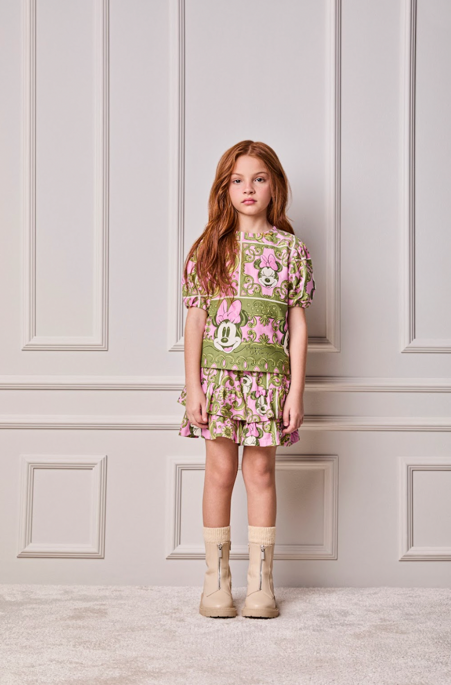 Conjunto Infantil Blusa e Shorts Maxi Minnie Barrado Rosa e Verde Forest - Animê PRÉ-VENDA