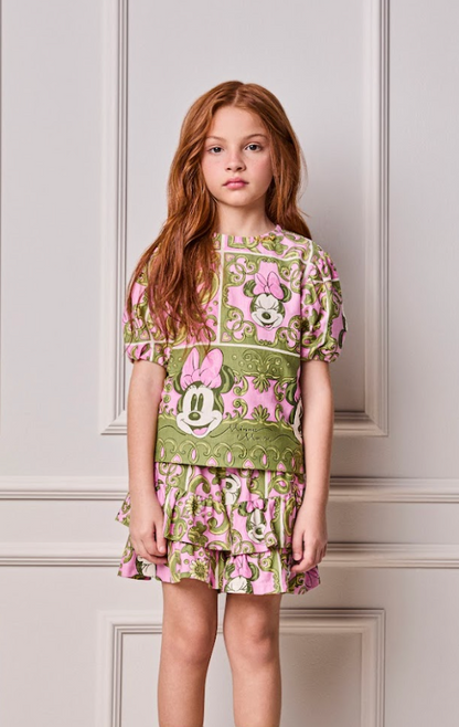 Conjunto Infantil Blusa e Shorts Maxi Minnie Barrado Rosa e Verde Forest - Animê PRÉ-VENDA