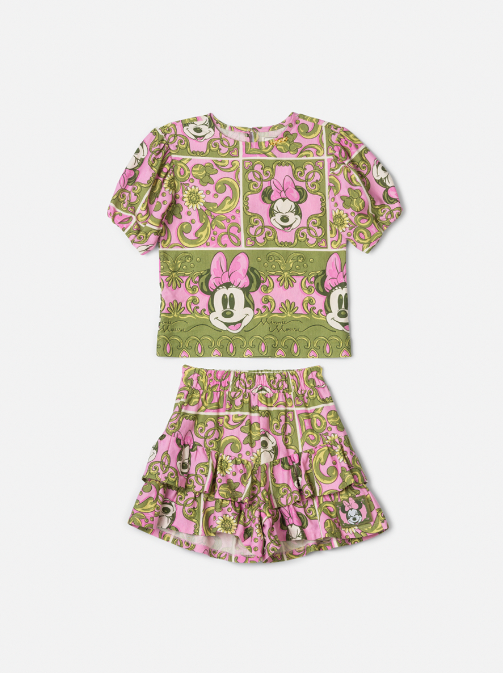 Conjunto Infantil Blusa e Shorts Maxi Minnie Barrado Rosa e Verde Forest - Animê PRÉ-VENDA
