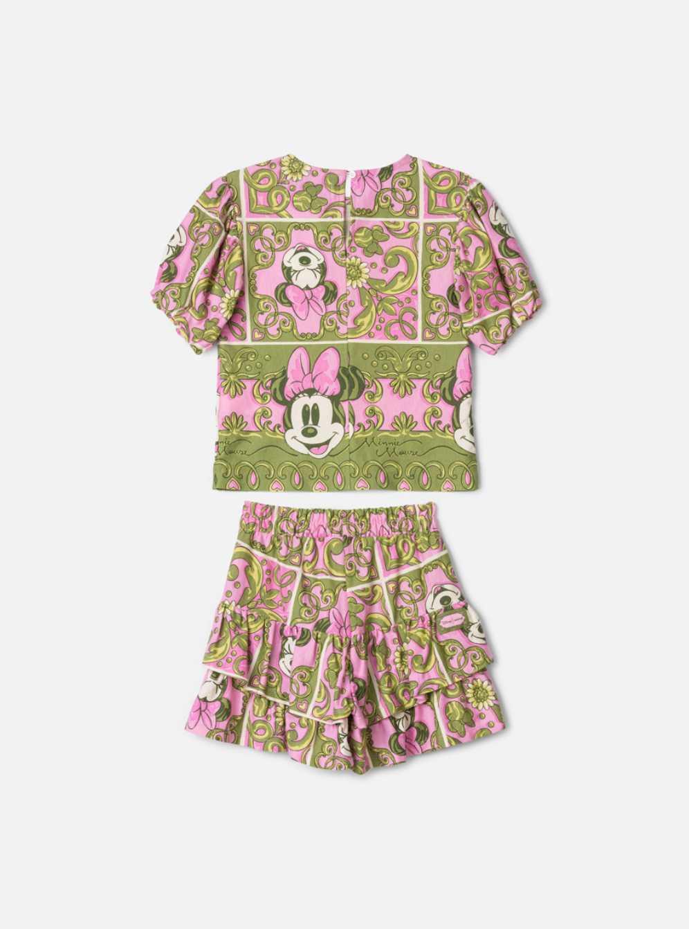Conjunto Infantil Blusa e Shorts Maxi Minnie Barrado Rosa e Verde Forest - Animê PRÉ-VENDA