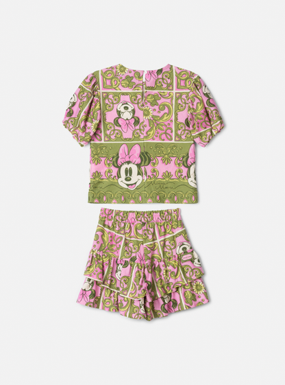 Conjunto Infantil Blusa e Shorts Maxi Minnie Barrado Rosa e Verde Forest - Animê PRÉ-VENDA