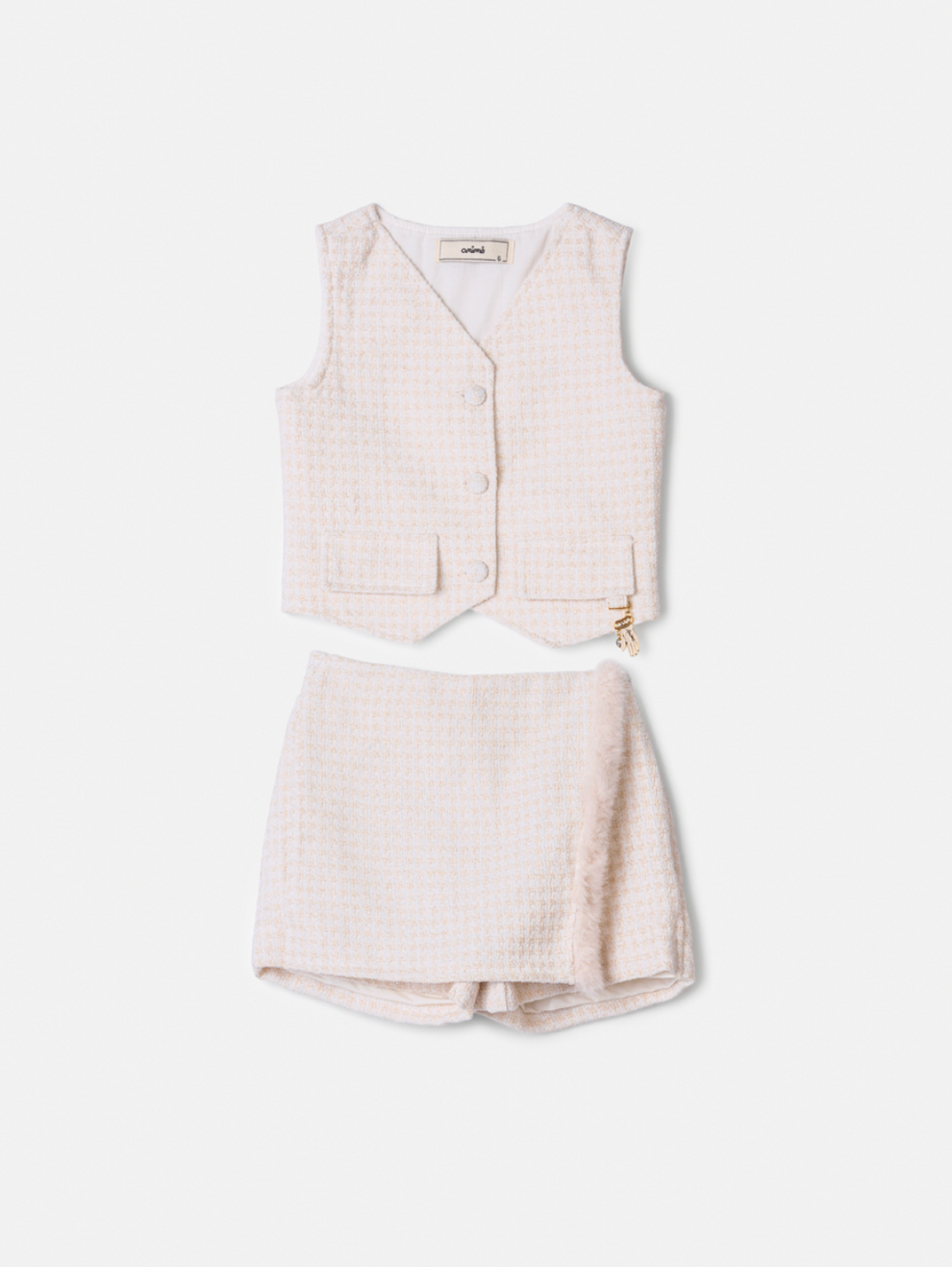 Conjunto Infantil Camisa Gola com Babado, Colete e Shorts Tweed Off White - Animê