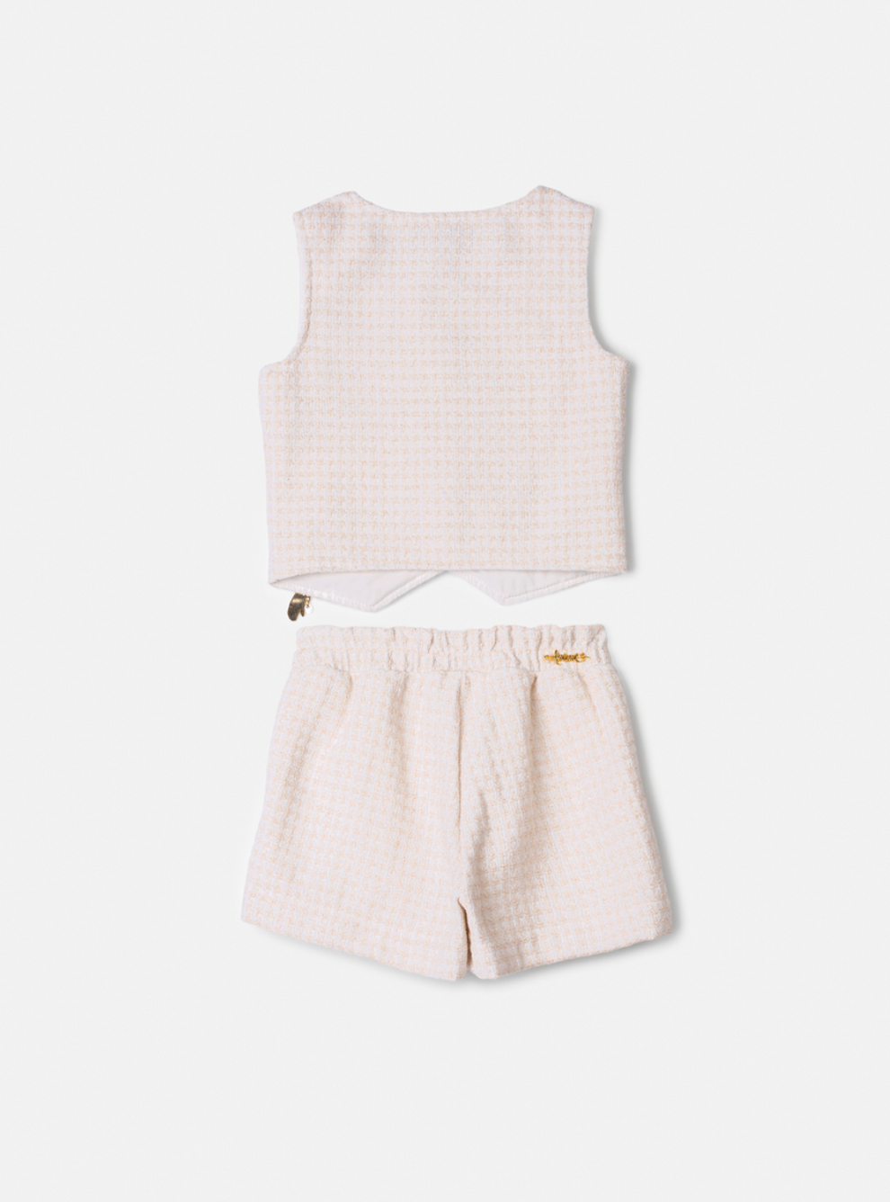 Conjunto Infantil Camisa Gola com Babado, Colete e Shorts Tweed Off White - Animê