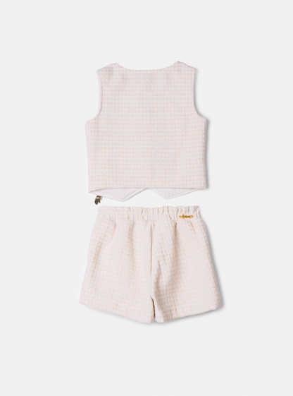 Conjunto Infantil Camisa Gola com Babado, Colete e Shorts Tweed Off White - Animê