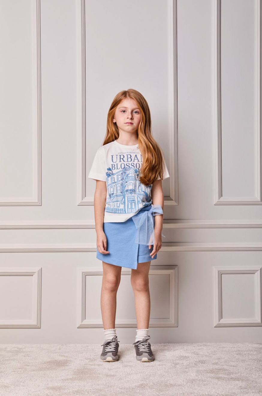 Conjunto Infantil Blusa Urban Blossom e Shorts Azul Laço Tule - Animê