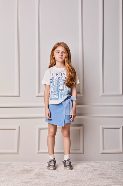 Conjunto Infantil Blusa Urban Blossom e Shorts Azul Laço Tule - Animê