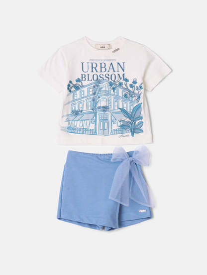 Conjunto Infantil Blusa Urban Blossom e Shorts Azul Laço Tule - Animê