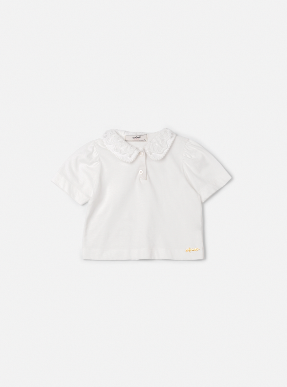 Salopete Infantil Sarja Bege com Camisa Gola Rendada Off White - Animê Petite