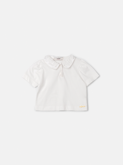 Salopete Infantil Sarja Bege com Camisa Gola Rendada Off White - Animê Petite
