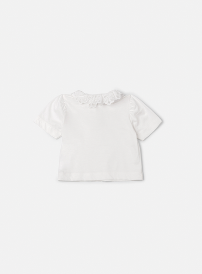 Salopete Infantil Sarja Bege com Camisa Gola Rendada Off White - Animê Petite