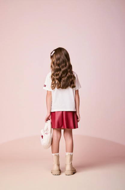 Conjunto Infantil Blusa Hello Kitty Strass e Saia Infantil Couro Tech Recortes Cramberry - Momi