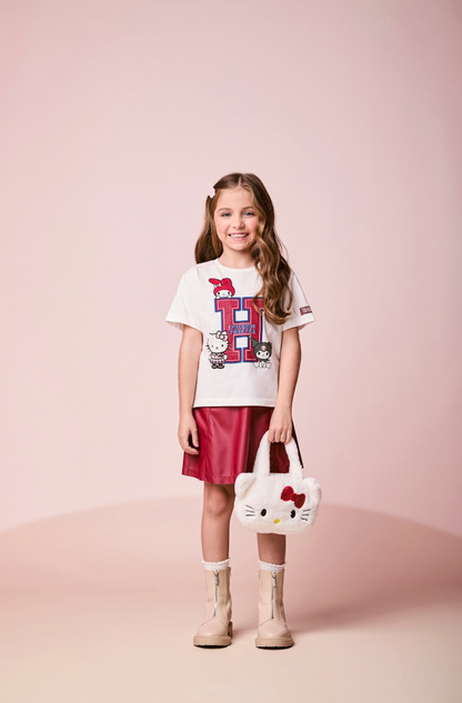 Conjunto Infantil Blusa Hello Kitty Strass e Saia Infantil Couro Tech Recortes Cramberry - Momi