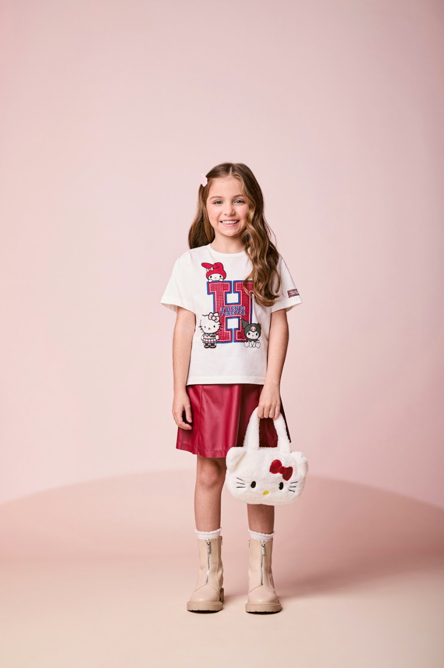 Conjunto Infantil Blusa Hello Kitty Strass e Saia Infantil Couro Tech Recortes Cramberry - Momi