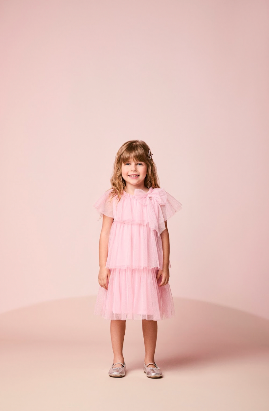 Vestido Infantil Tule Babados & Laço Rosa - Momi