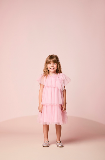 Vestido Infantil Tule Babados & Laço Rosa - Momi