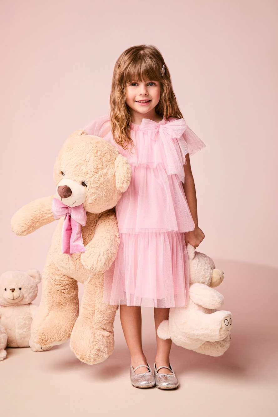 Vestido Infantil Tule Babados & Laço Rosa - Momi