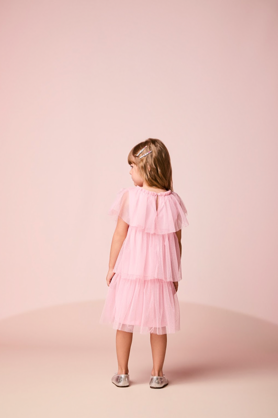 Vestido Infantil Tule Babados & Laço Rosa - Momi