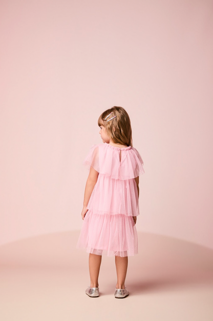 Vestido Infantil Tule Babados & Laço Rosa - Momi