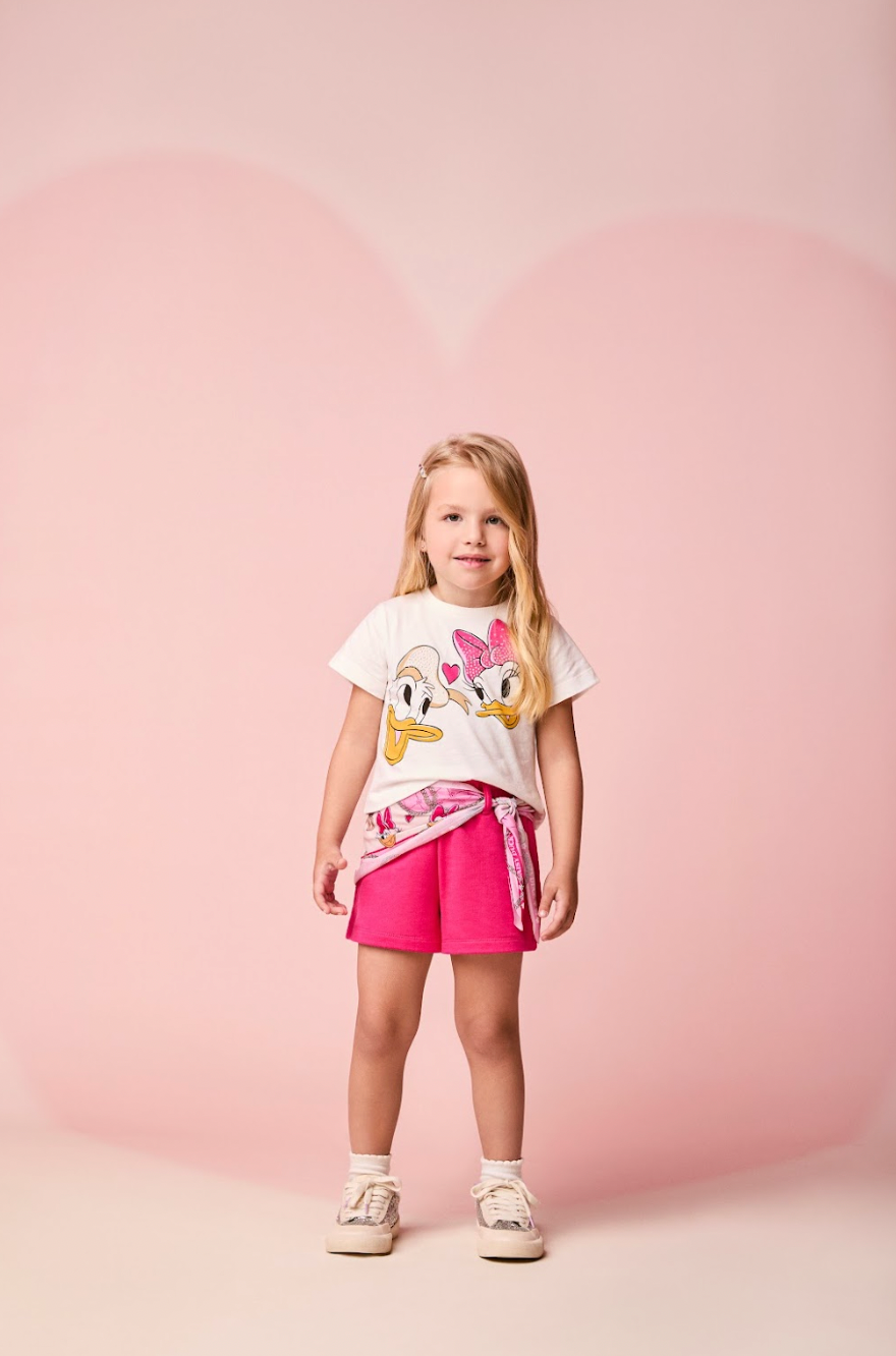 Conjunto Infantil Blusa Daisy & Donald com Shorts Lenço Rosa - Momi