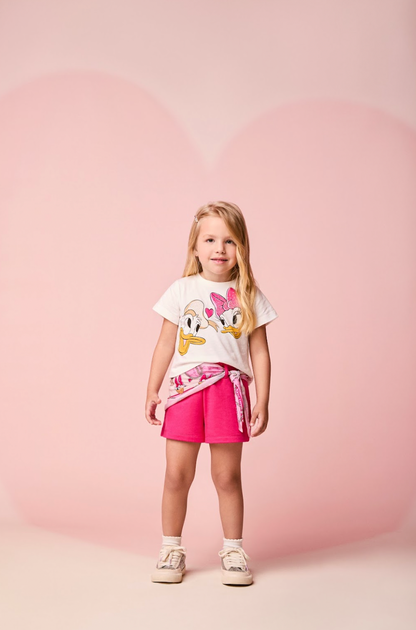 Conjunto Infantil Blusa Daisy & Donald com Shorts Lenço Rosa - Momi