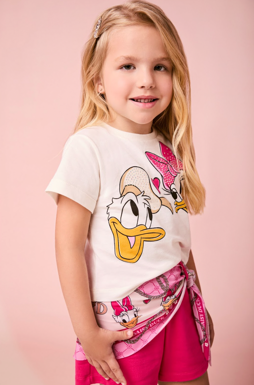 Conjunto Infantil Blusa Daisy & Donald com Shorts Lenço Rosa - Momi