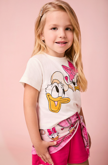 Conjunto Infantil Blusa Daisy & Donald com Shorts Lenço Rosa - Momi