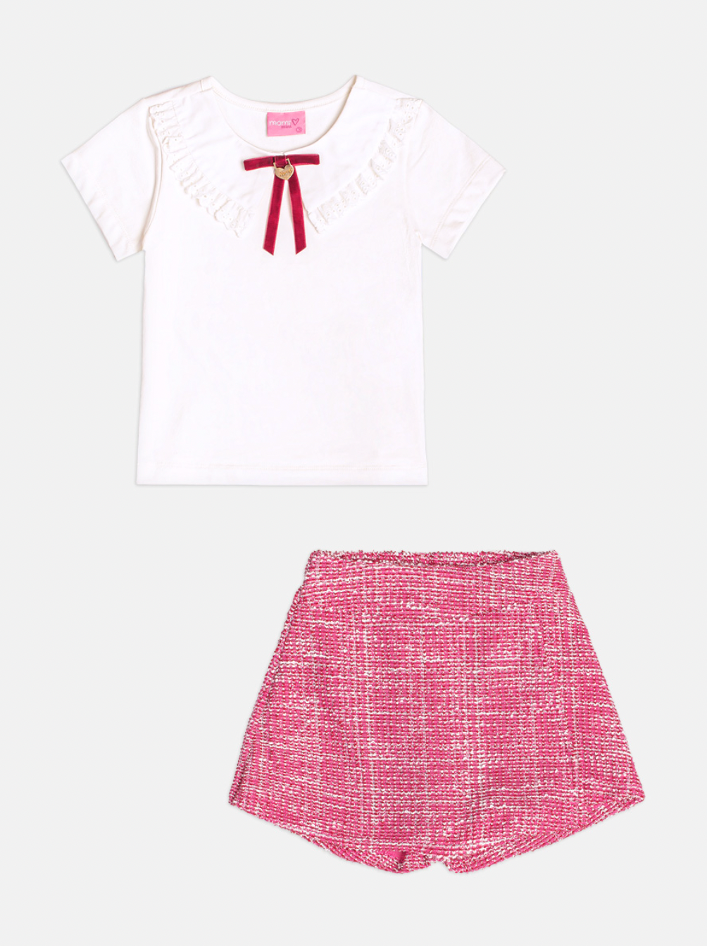 Conjunto Infantil Blusa Manga Longa Gola Laço e Shorts-saia Tweed - Momi